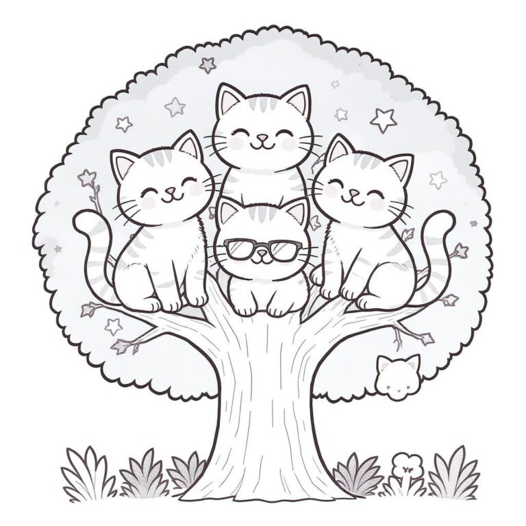 This coloring page features four cats sitting on a large leafy tree.