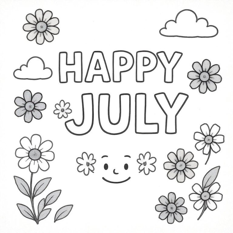 This coloring page features "July” nestled among lively garden flowers.