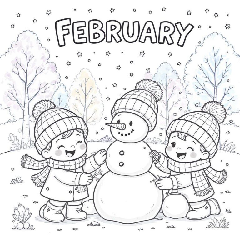 This coloring page features the word "FEBRUARY" displayed above two kids bundled up in winter clothes building a snowman, surrounded by falling flakes and snow-covered trees.