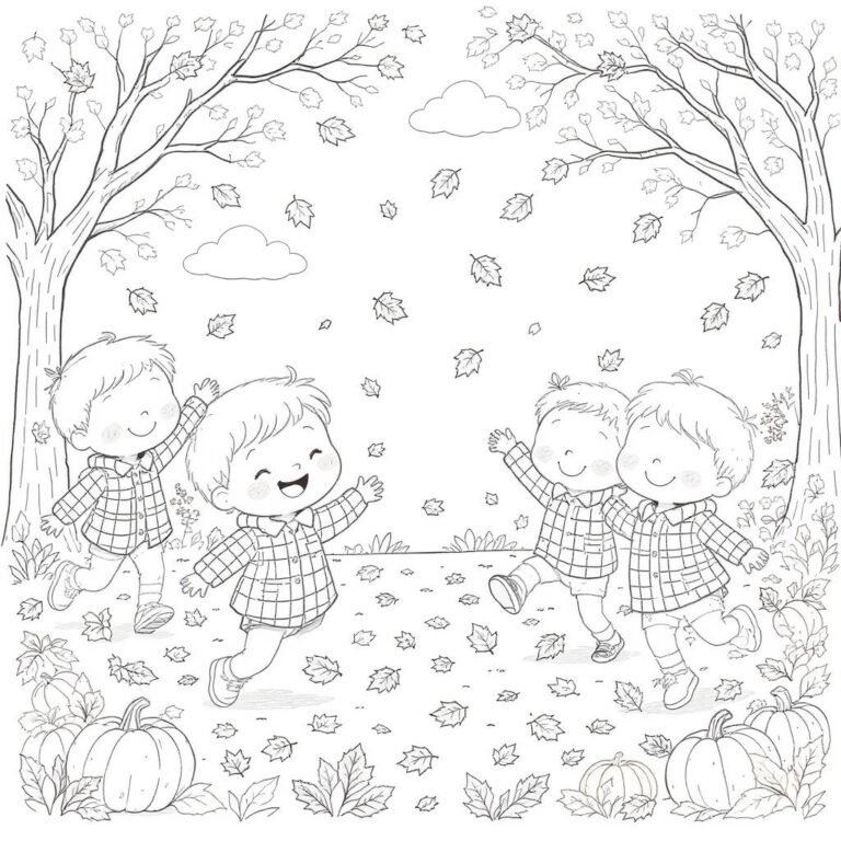 This coloring page features four children playing in a field, surrounded by large trees with leaves gently falling around them.
