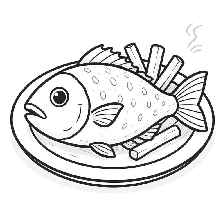 This coloring page features a delicious plate of fish served with crispy chips.