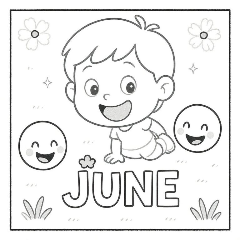 This coloring page features a young boy laughing, with the word "June" written below, surrounded by cheerful flowers.