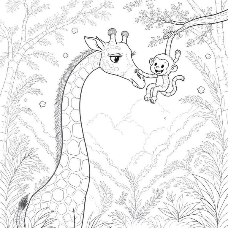 This coloring page features a cheerful giraffe playing with a lively monkey in a tree, surrounded by tall, leafy trees.