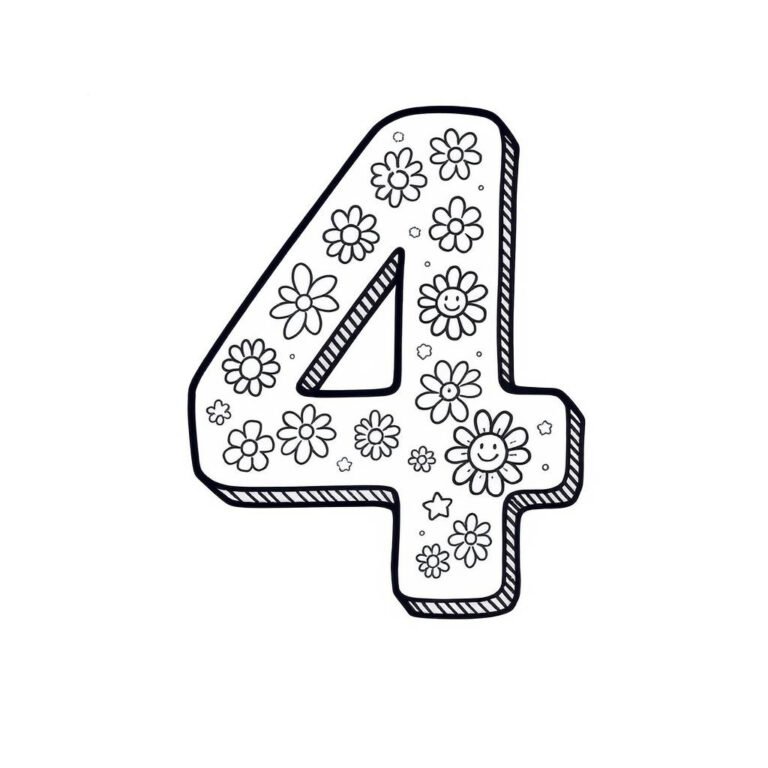 This coloring page features the number 4 decorated with sunflower patterns.