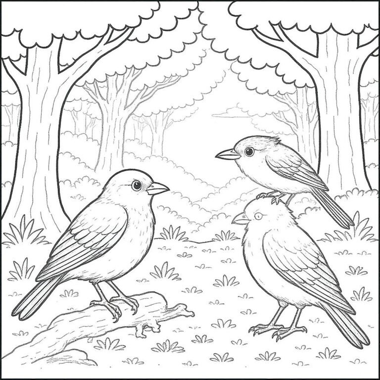 This coloring page features three birds surrounded by big trees and grasses.