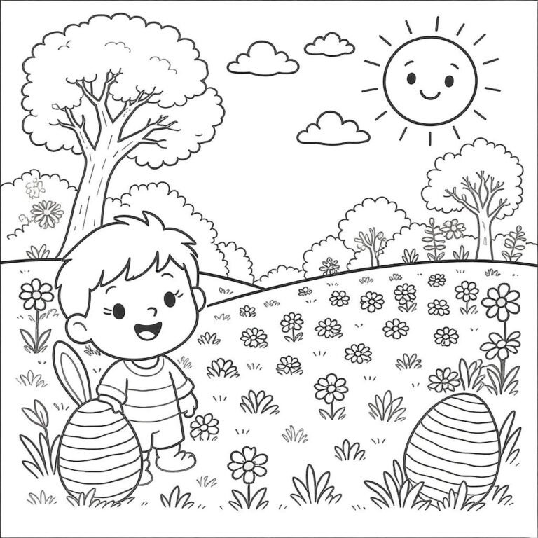 This coloring page features a young boy with two Easter eggs in a landscape filled with trees and a bright, shining sun.