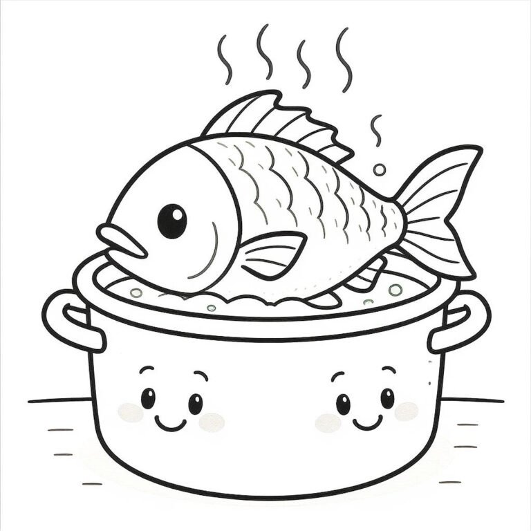 This coloring page features a fish in a cooking pot.