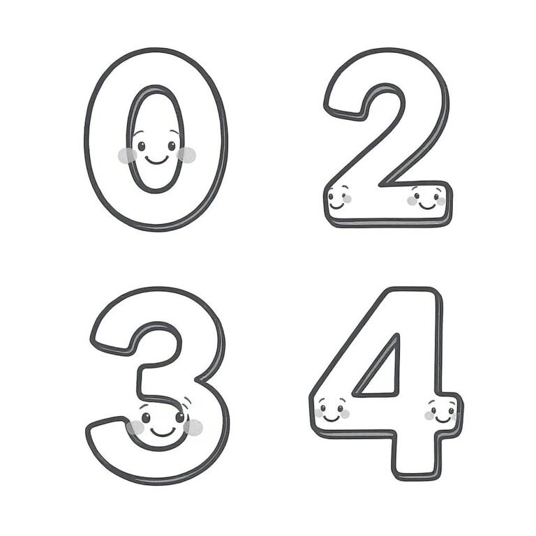 This coloring page features the numbers 0, 2, 3, and 4.