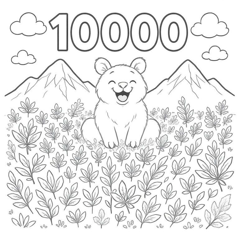 This coloring page features a bear in a grassy field beneath the bold number 10,000 surrounded by hills.
