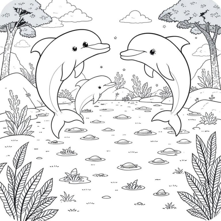 This coloring page features two adult dolphins swimming alongside a baby dolphin.