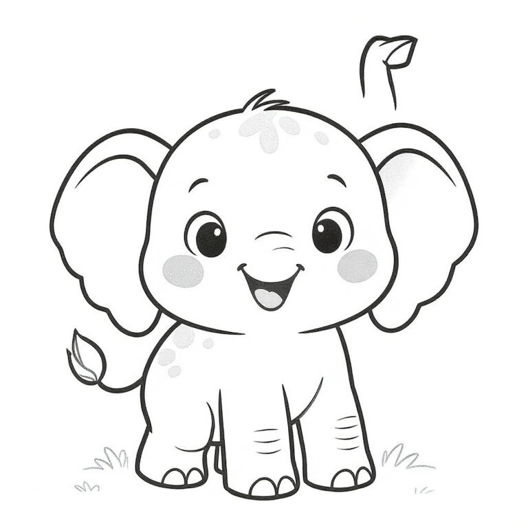 This coloring page features a cheerful baby elephant.