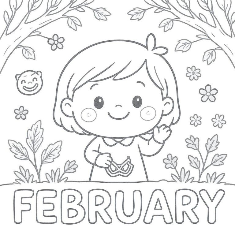 This coloring page features a cute little girl in a garden surrounded by flowers and the word "FEBRUARY."