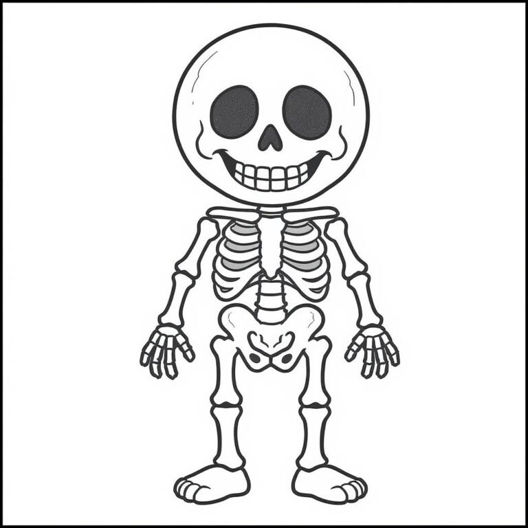 This coloring page features a skeleton standing in a simple scene setting.
