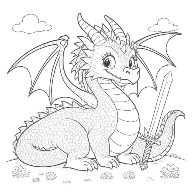 This coloring page features a dragon holding a sword.