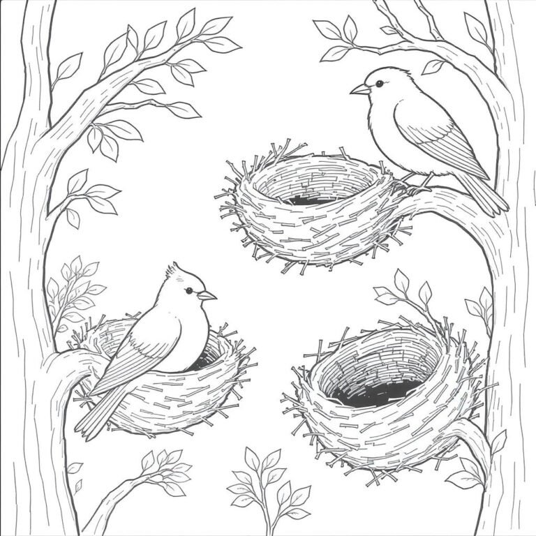 This coloring page features two birds perched on a tree surrounded by nests.