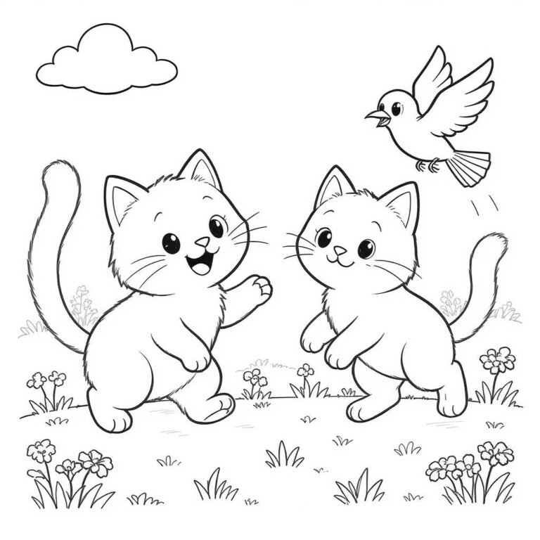 This coloring page features two adorable cats looking at each other and a bird flying above them.