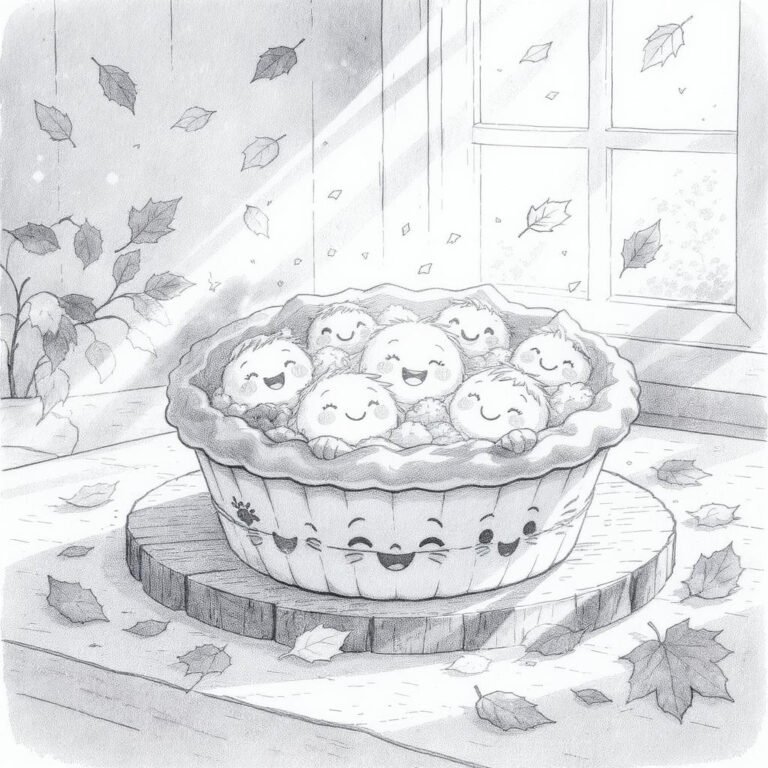 This coloring page features a delicious pie placed on a table, surrounded by falling leaves.