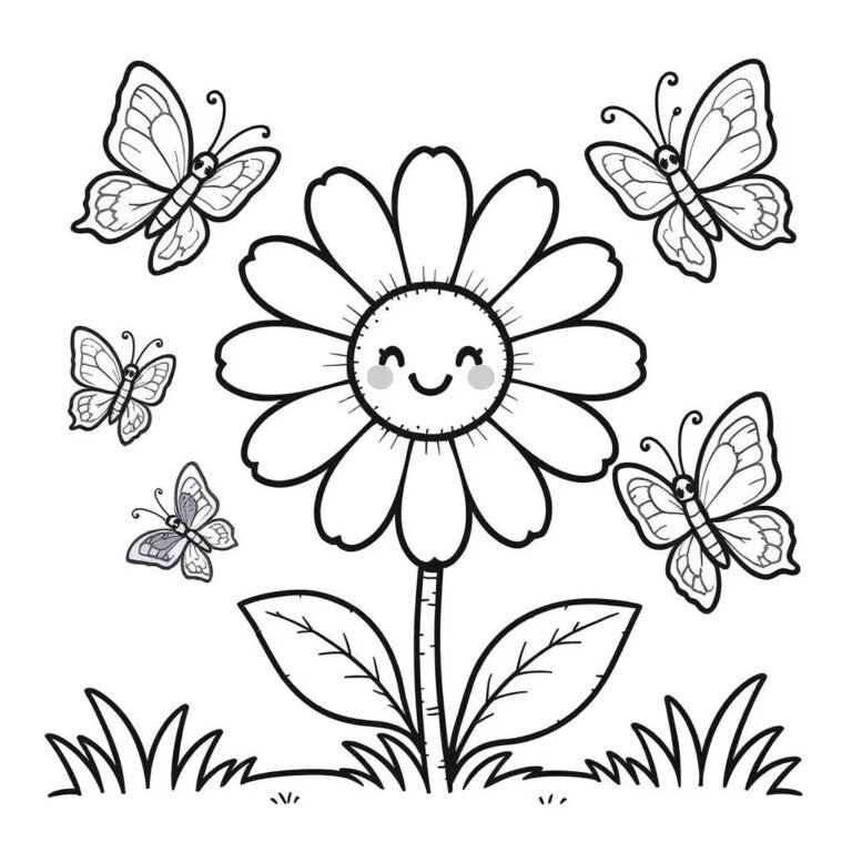 This coloring page features a cute daisy flower being admired by butterflies.