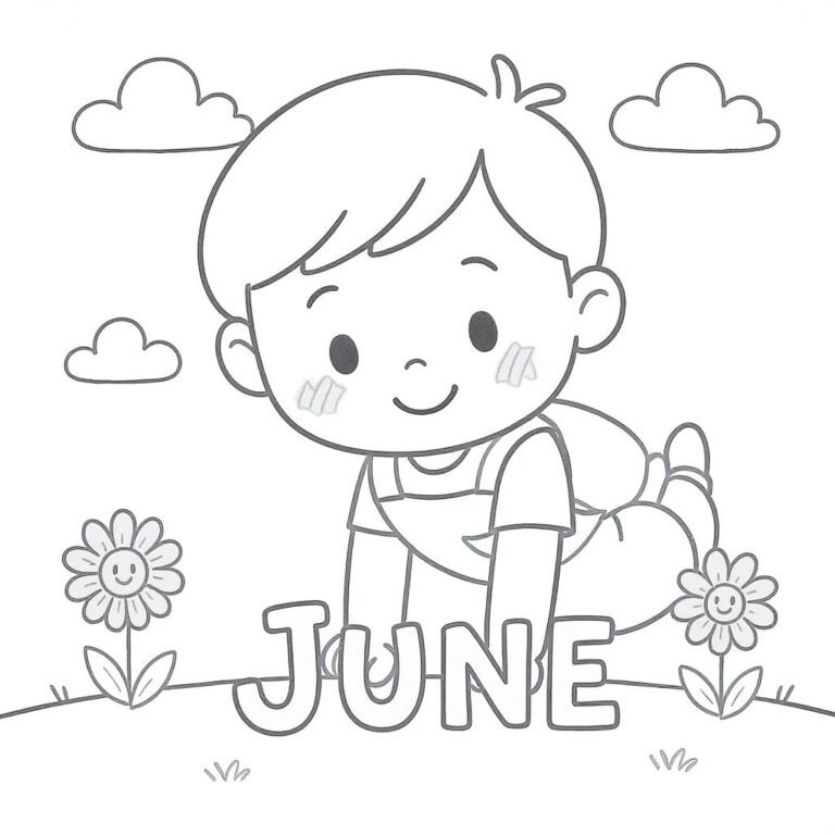 This coloring page features a young boy admiring blooming flowers, with the word "June" written below, surrounded by colorful flowers and fluffy clouds.