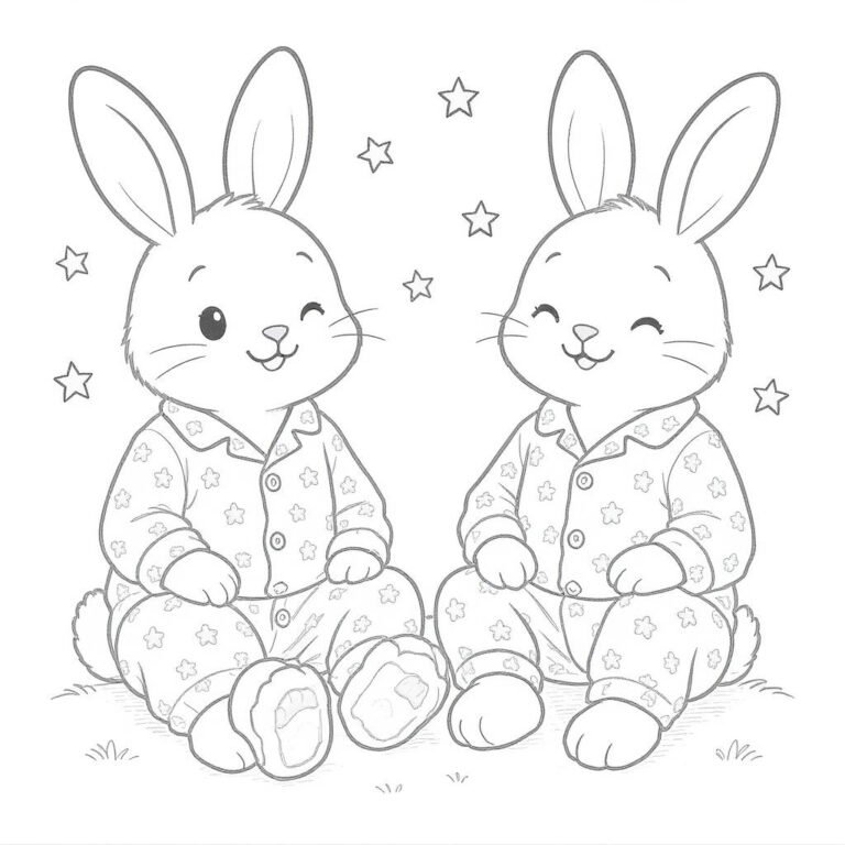 This coloring page features two cute bunnies in pajamas smiling at each other with stars aligned around them.