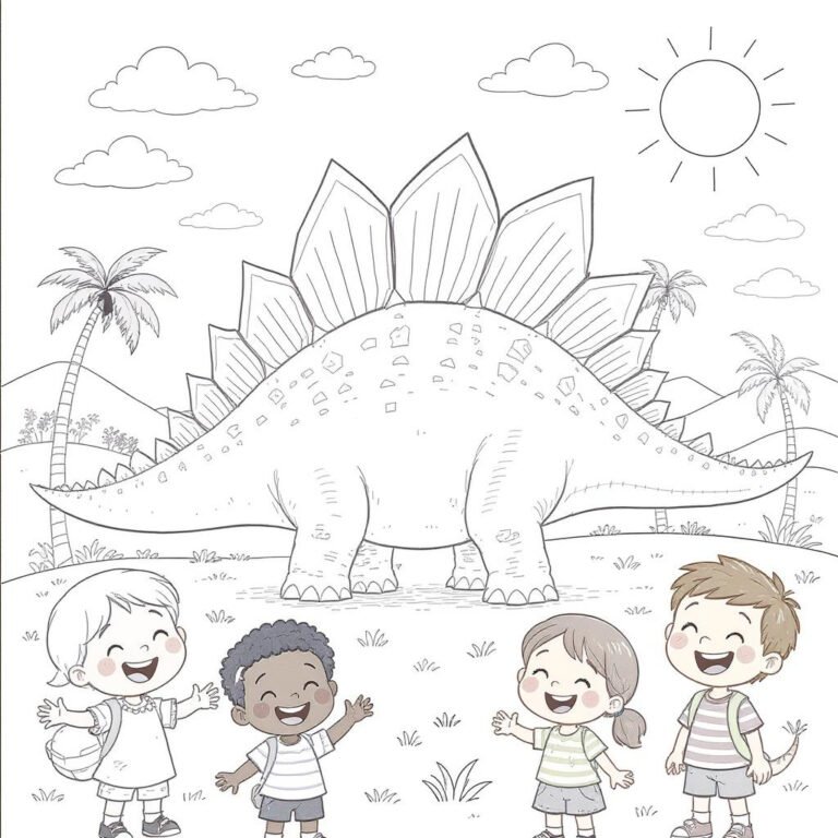 This coloring page features a Stegosaurus walking through a grassy landscape with happy children in the background.