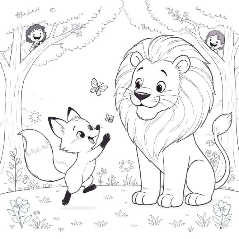 This coloring page features a playful scene of a lion and a fox joyfully interacting with a fluttering butterfly.
