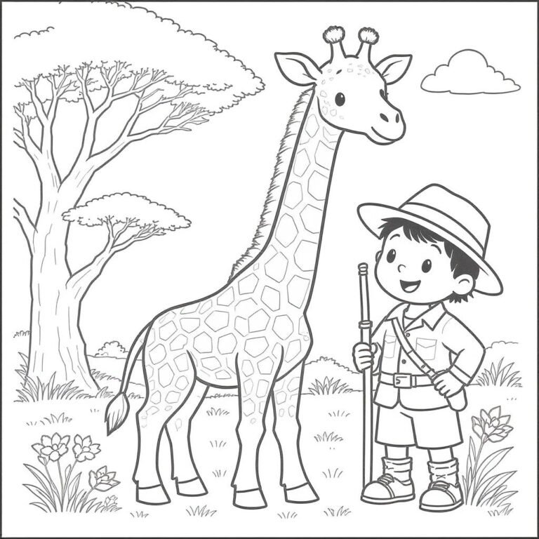 This coloring page features a giraffe standing beside a young boy dressed as a hunter, holding a gun.