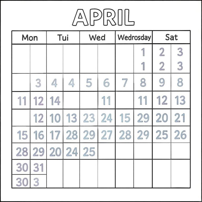 This coloring page features a complete calendar for the month of April, with neat boxes and days labeled from Sunday to Saturday.