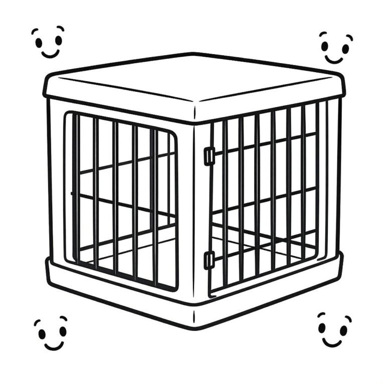 This coloring page features a dog crate used for transporting or housing dogs safely, depicted with secure bars and a latching door.