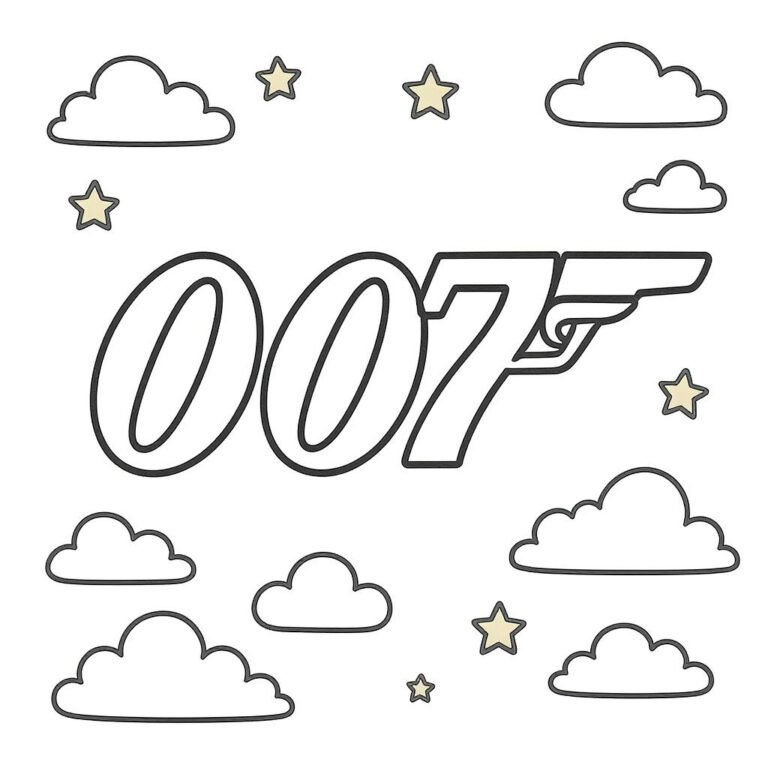 This coloring page features the iconic 007 logo floating among soft clouds and stars, combining calm visuals with Bond’s legendary presence.