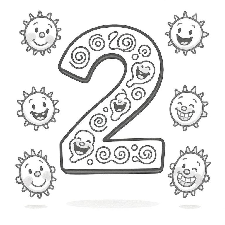 This coloring page features the number "02" decorated with 6 sun emojis.