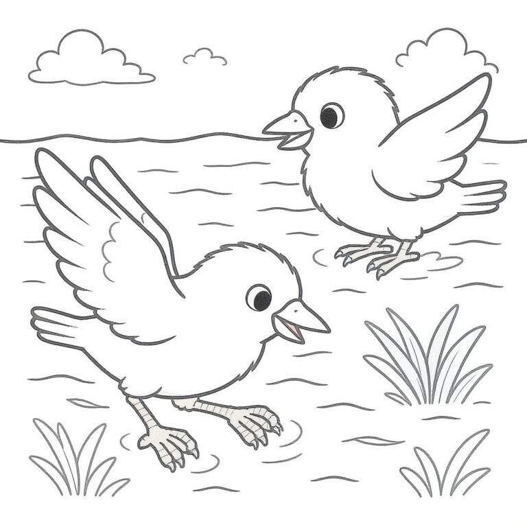 This coloring page features two happy birds surrounded by nature.