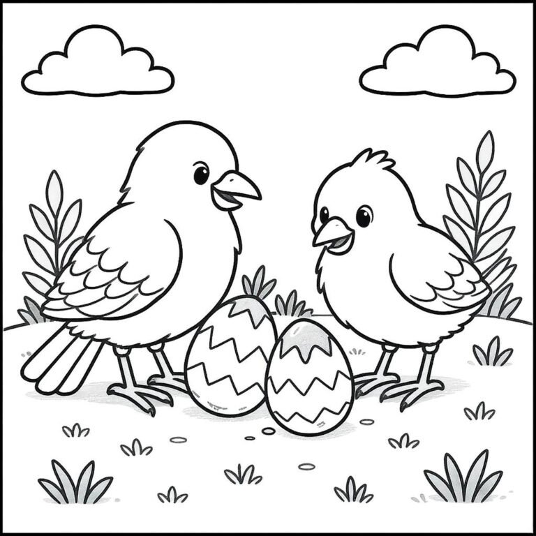 This coloring page features two birds with two eggs surrounded by green grass on a cloudy day.