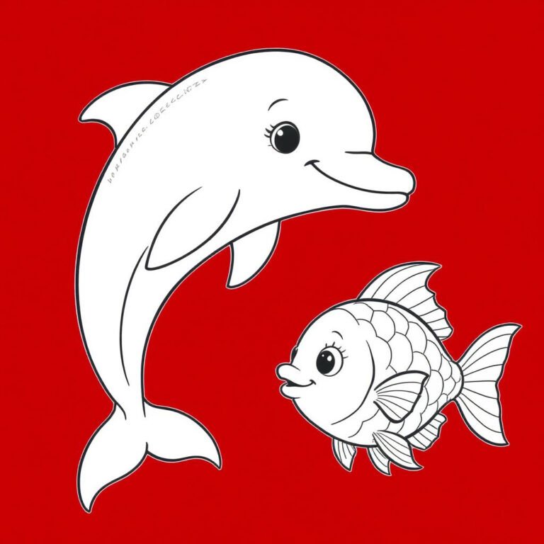 This coloring page features a dolphin and a fish set against a red background.