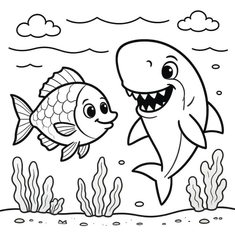 This coloring page features a whale and a fish swimming in the sea, surrounded by lush seaweed.