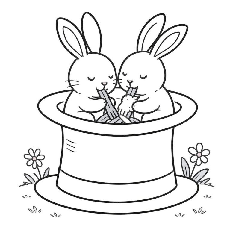 This coloring page features two fluffy bunnies inside a magician's hat happily sharing a peaceful snack and enjoying a quiet meal.
