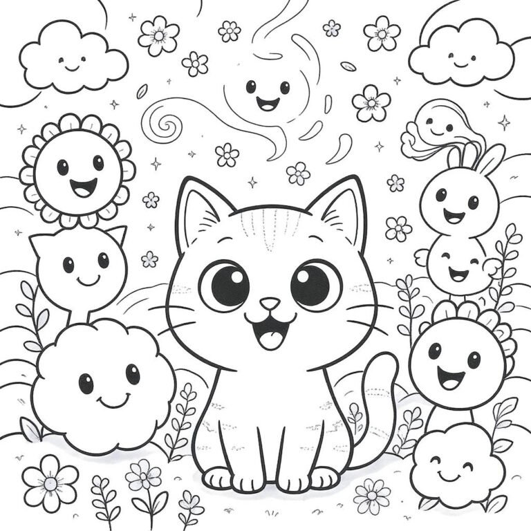 This coloring page features a wide-eyed cat surrounded by cheerful friends.