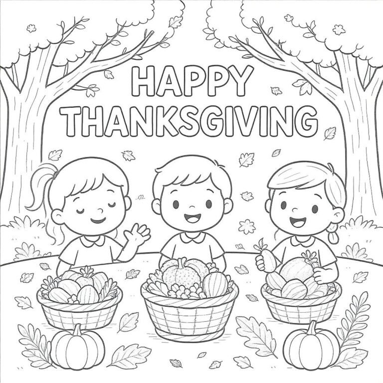 This coloring page features three kids joyfully celebrating the harvest season, surrounded by falling leaves, with a basket of harvested produce placed before them.