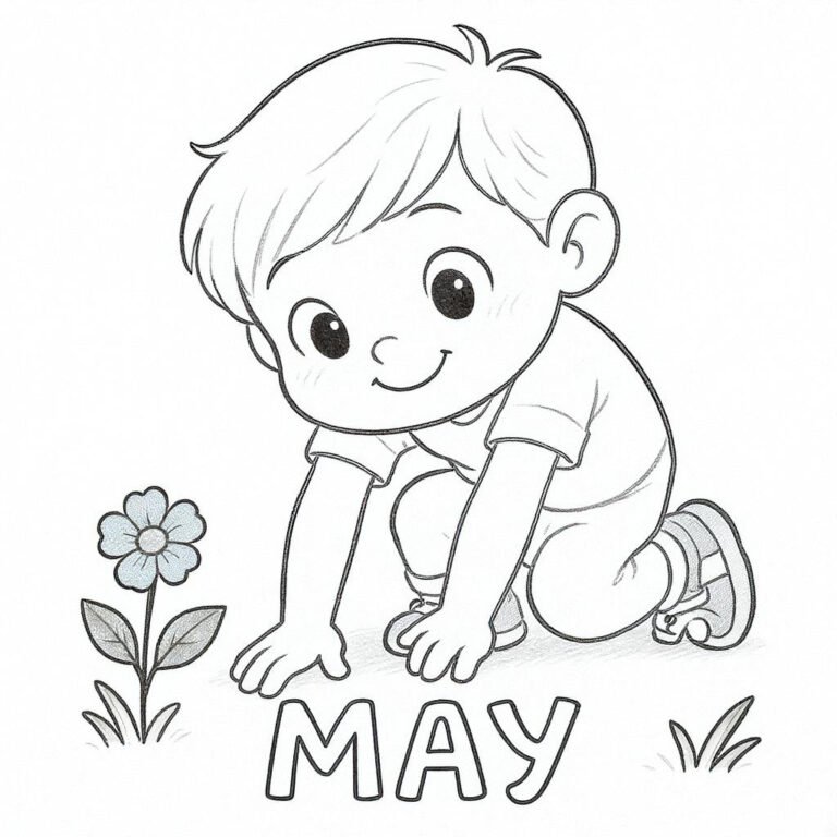 This coloring page features a young boy playing with the soil, with the word "May" written below.