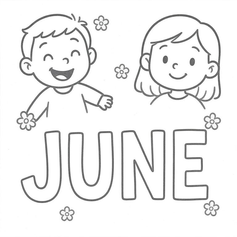 This coloring page features a joyful young boy and girl, with the word "June" written boldly below them.
