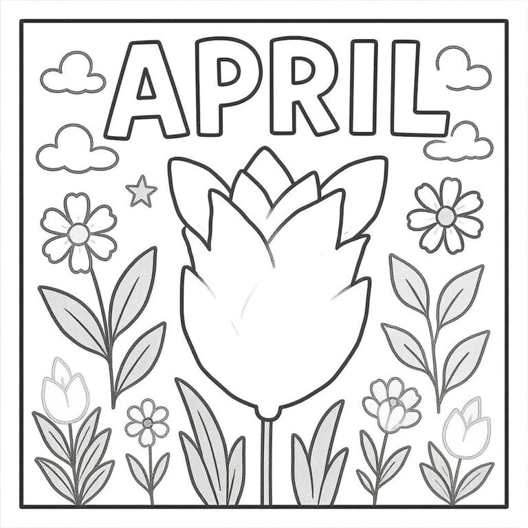 This coloring page features a bunch of spring flowers under the word "April" in a playful style.