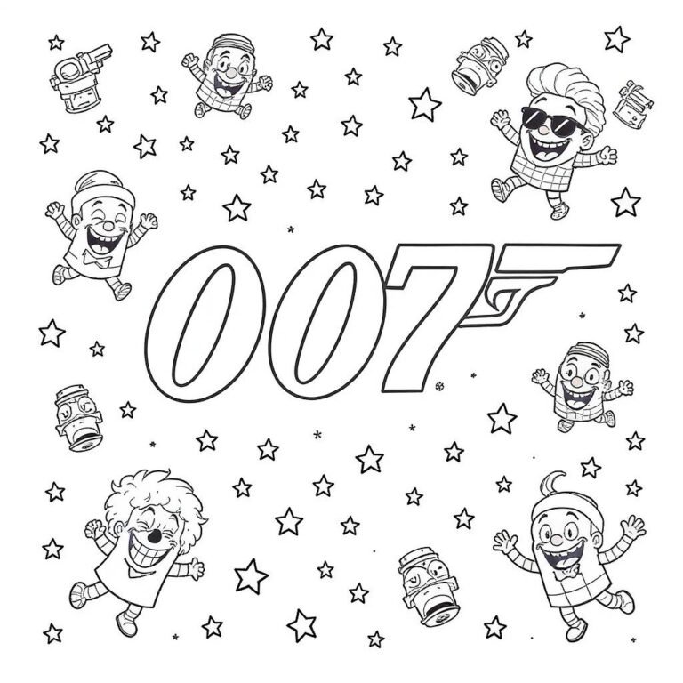 This coloring page features a swirl of stars, faces, hearts, and sparkles forming a vibrant 007 mystery-themed pattern.