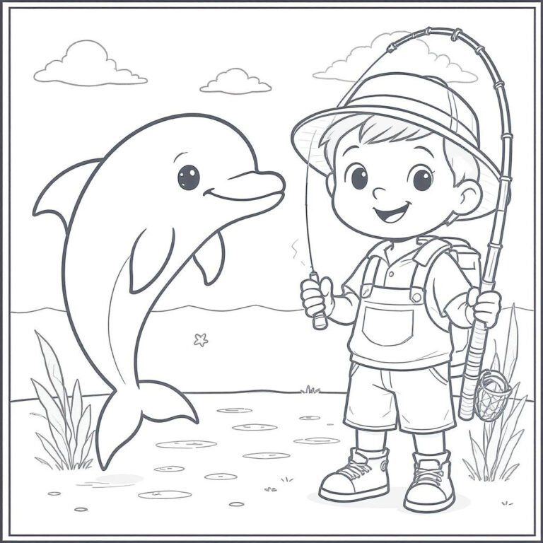 This coloring page features a dolphin and a young boy holding a fishing rod at the shoreline.