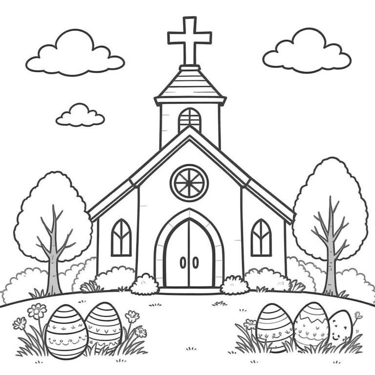 This coloring page features a charming Easter church adorned with trees and decorated Easter eggs.