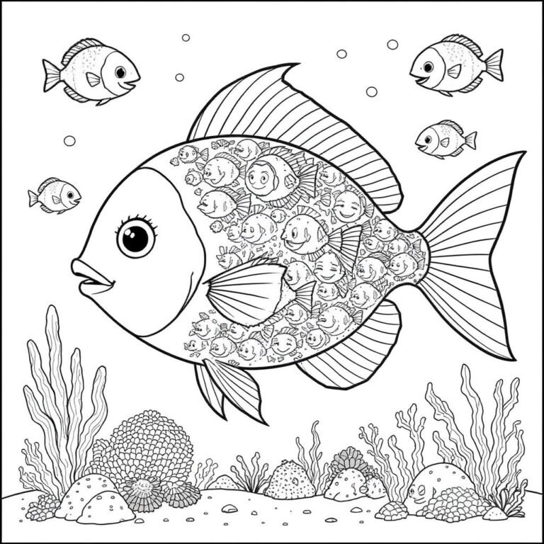This coloring page features a large fish with intricate designs swimming alongside smaller fish in a sea filled with seaweed.