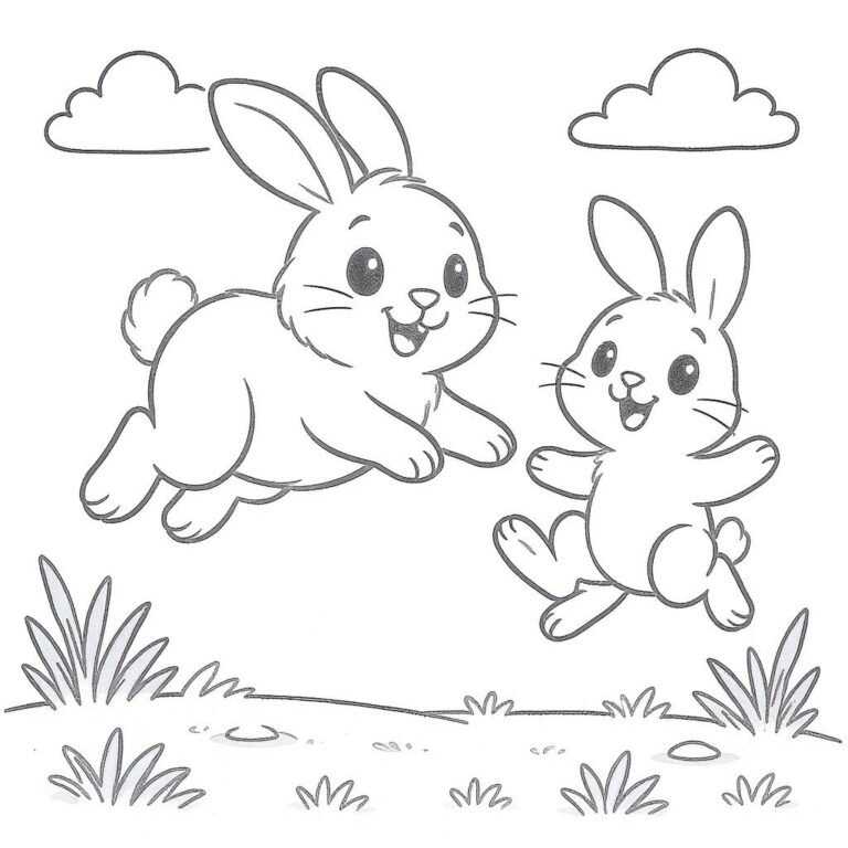 This coloring page features two cheerful bunnies hopping across a spring meadow, big smiles on their fluffy faces as they leap through the air.