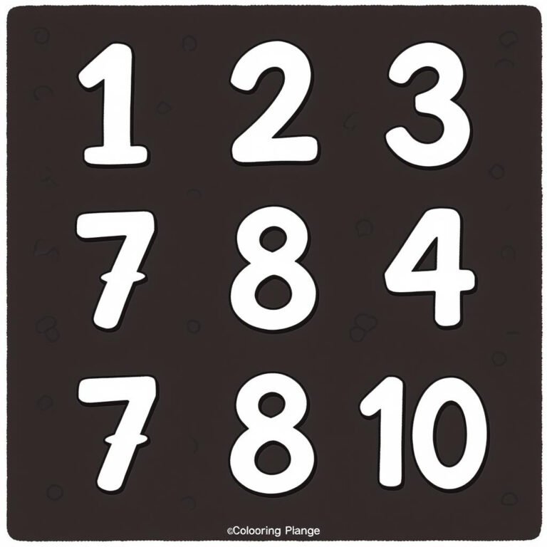 This coloring page features the numbers 1, 2, 3, 7, 8, 4, 7, 8 and 10 arranged on a black background.