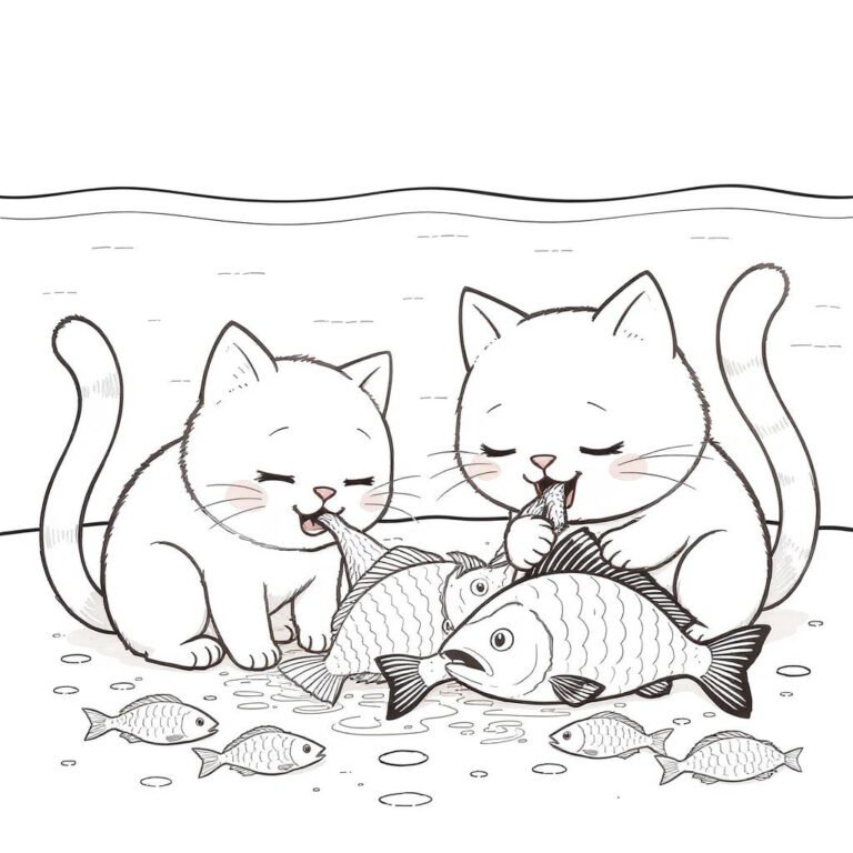 This coloring page features two cats happily feasting on a generous serving of fish.