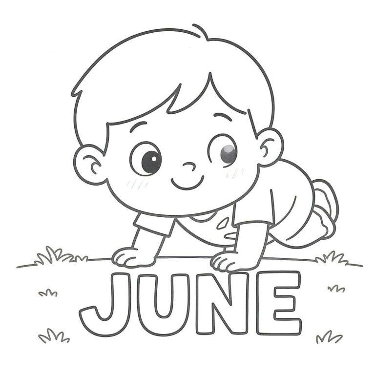 This coloring page features a boy on his hands and knees, with the word "June" set against a simple background.