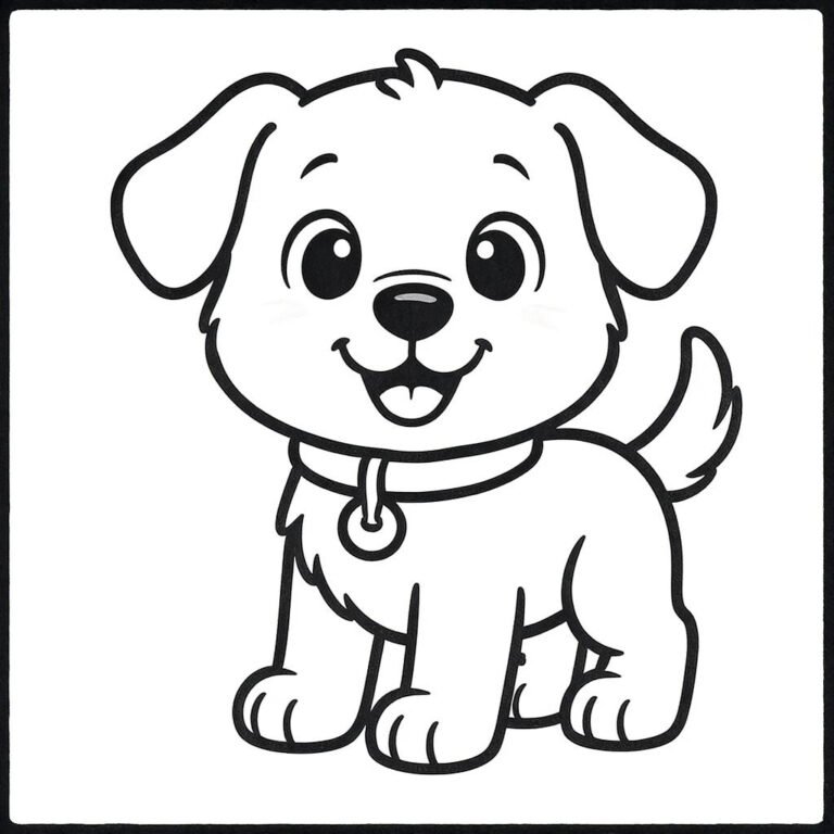 This coloring page features a friendly Labrador Retriever puppy wagging its tail joyfully.